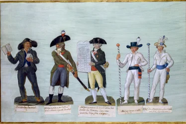Ein Zeitungsverkäufer, ein Bürger bereit zu kämpfen, ein Bürger trägt die Erklärung der Menschenrechte und zwei Schiffer (Gouache auf Karton)